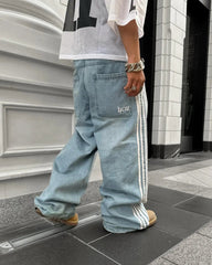 Hearujoy 90s Streetwear Y2K Casual Jeans Harajuku Classic Striped Light Blue Jeans Graphic Embroidery High Waist Straight Pants Baggy Trousers Men Women