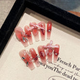 YICKYUE - 10pcs Handmade Fake Nails French Handmade Butterfly 3D-flower bow With Rhinestone Artificial Nails Full Cover Press On Nail Long