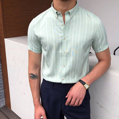 YICKYUE - Italian Summer Men Short Sleeve Striped Shirt British Casual Slim Shirt Retro Shirt Dress Camisa Masculina Social Summer
