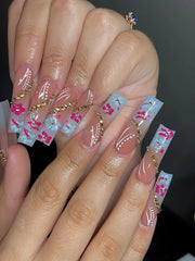 YICKYUE - 24pcs Extra Long Square Nail Blue Flower Embellished Gold Diamond Coffin False Nails, French Blue Nails,Removable Press On Nail