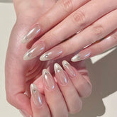 YICKYUE - 10pcs Handmade Oval Press On Nails Aurora French False Nails White Edge Rhinestone Design Nails Art Full Cover Wearable Manicure