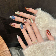 YICKYUE - Handmade Press on Nails Fashion Gold Foil Design Fake Nails Wearable Full Cover European MId-length Coffin False Nail Patches
