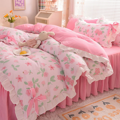 Pastoral Style Bedding Set Cotton 3/4pcs Floral Duvet Cover with Pillowcases Cute Flowers Bed Skirtwith Zipper Quilt Cover