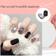 24PCS Fake Nails Press On Short Black Nail Tips Rhinestones Design Full Coverage Artificial Nail Wholesale Nail Free Shipping
