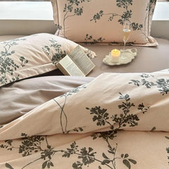 Yickyue Brushed Cotton Chic Floral Breathable Duvet Cover Twin Double Queen King 4Pcs 100%Cotton Bedding Set Bed Sheet 2 Pillowcases