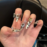 YICKYUE - Cat Eye Leopard Pattern Handmade Press on Nails Wearing Armor Chain Bow Pearl Cartoon Cat Minimalist Nail Art