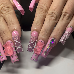YICKYUE - Pink Peach Heart Strawberry Handmade Press on Nails Wearing Armor Bow Bear Camellia Cherry French Cute Nail Art