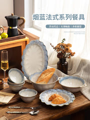 YICKYUE - French Vintage Household Vegetable Relief Dining Plate Ceramic Soup Premium Steamed Fish Light Luxury Disc Plate