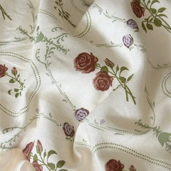 YICKYUE - 4Pcs Vintage French Pure Cotton Rose Print Pleated Lace Ruffles Bedding Set Queen King Size Duvet Cover Set Bed Sheet Pillowcase