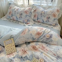 YICKYUE - French Romantic Style Bedding Set Princess Skin Friendly And Comfortable Quilt Cover Lace Washed Cotton Printed Duvet Cover Set
