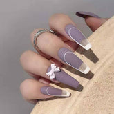 24pcs/Bag Detachable Long Streak False Nails Ballerina Purple Sexy Full Cover Nail Tips Bow French Artificial Press On Nails