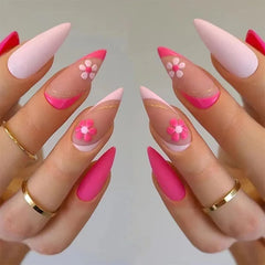YICKYUE - 24pcs French Tip False Nails with White Flowers Floral Press on Nails Gradient Pink Yellow Artificial Nails Full Cover Nail Tips