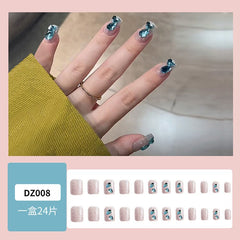 Yickyue 24pcs/Box New False Nails Amber Gold Foil Coffee Short Simple Fake Nails Set Press On Acrylic Nails With Press Glue Detachab