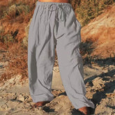 Hearujoy Oversized Mens Cotton Linen Pants Loose Elastic Waist Straight Trousers Vintage Solid Color Outdoor Breathable Comfort Pants Fat