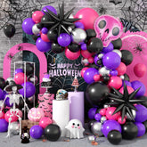 YICKYUE - Black Hot Pink Halloween Balloon Arch Garland Kit Skeleton Starburst Balloons for Birthday Halloween Theme Party Decoration