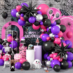 YICKYUE - Black Hot Pink Halloween Balloon Arch Garland Kit Skeleton Starburst Balloons for Birthday Halloween Theme Party Decoration