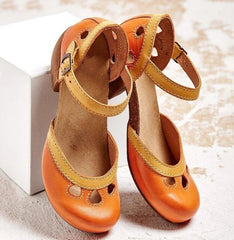 YICKYUE - Women Summer Shoes Mid Heel Hollow Out Casual Sandals Elegant Retro Ladies Pumps Ankle Color Block Buckle Straps Female Sandals