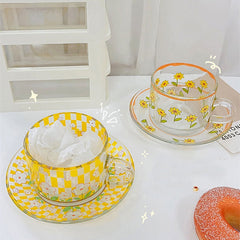 Korea Nordic Tulip Transparent Glass Coffee Cup Flower Coffee Cup Saucer Flower Glass Afternoon Tea Water Cup Saucer Drinkware