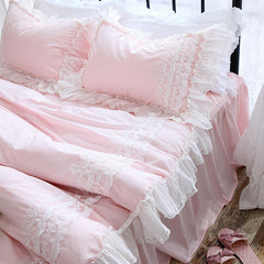 New romantic bedding set queen Franch style duvet cover set pink elegant lace ruffle cotton home bedding set designer bedding