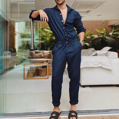Hearujoy Fashion Men Jumpsuits Solid Color Lapel Long Sleeve Casual Cargo Clothes Overalls Male Rompers Streetwear Girdle Waist Siamese