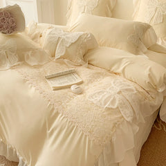 YICKYUE - Korean Princess Wind Bedding Set Lace Bow Solid Color Beautiful Edge Lace Pleated Bedding Cover Luxury Girl Wedding Home Bed