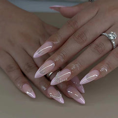 YICKYUE - 24Pcs Simple Fake Nails Full Cover Nail Tips Long Almond False Nails with Diamond Chain Designs Wearable Oval Press on Nails