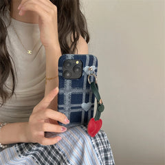 YICKYUE - Retro Blue Denim Fabric Plaid Love Cherry Pendant Shockproof Protective Phone Cover Case For iPhone 15 14 13 12 11 Pro Max