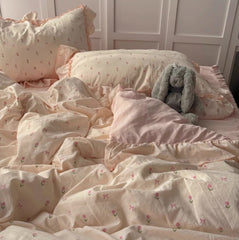 YICKYUE - Korean Girl Ins Pink Small Floral Washed Cotton Four-piece Set Lotus Leaf Lace Quilt Cover Bed Skirt Dormitory Three-piece Set