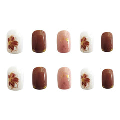 24pcs false nails with a pattern Warm brown Caramel Phnom Penh flower wear finished nail tablet False nail removable Manicure TY