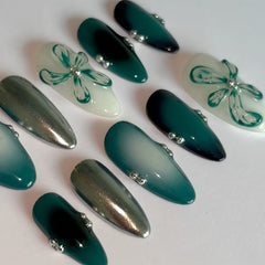 YICKYUE - Y2K Handmade Press On Nails 10pcs Set - Almond Shaped, Short, Glossy, Mixed Color with 3D Floral & Rhinestone, Includes Jelly Glue & Nail File