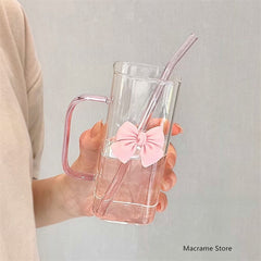 YICKYUE - Transparent Simple Square Water Cup with Lid Girl's Ins Wind Glass Straw Cup High Temperature Resistant Coffee Milk Cup Handle