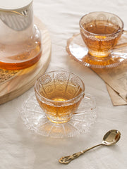 Vintage Embossed Flower Glass Cup and Saucer Afternoon Tea Dessert Coffee Cup Home European Style Tea Set Palace Style