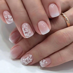 YICKYUE - 24Pcs Short Square Head Fake Nail with Jelly Glue French Flowers Design False Nails Wearable Ballet Press on Nails Nail Tips
