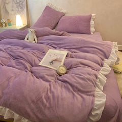 Yickyue Luxury Duvet Cover Bedding Set Winter Warm Double-sided Plush Quilt Cover Bed Sheet and Pillowcase 4pcs Queen Size Bed Linen Set