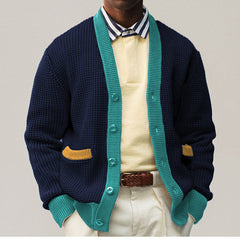 Hearujoy Autumn Winter Youth Mens Patchwork Knitwear Long Sleeve Collarless Coarse Wool Sweater Fashion Button Cardigan Coat Men Clothing