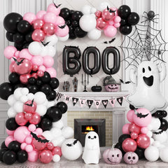 YICKYUE - Pink Halloween Balloon Arch Kit Black White Red Ghost Boo Foil Balloons 3D Bat Sticker for Halloween Theme Party Decoration