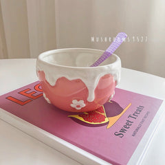 Super Cute Embossed Cream Ceramic Flower Girl Lunch and Dinner Rice Salad Bowl Cherry Bunny Hand-painted Yogurt Children's Bowl