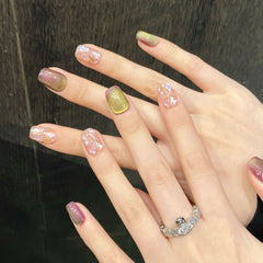 YICKYUE - 10pcs Handmade Press on Nails Purple Crystal Design Fake Nails for Women Girl Wearable Sweet Korean Bead Cat Eye False Nails