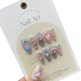 YICKYUE - 10Pcs XS S M L Love Mocha Handmade Nails with Rhinestone with Tool Box Pure Manual False Nail Full Cover Press on Nails