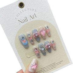 YICKYUE - 10Pcs XS S M L Love Mocha Handmade Nails with Rhinestone with Tool Box Pure Manual False Nail Full Cover Press on Nails