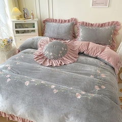 Flowers Embroidery Princess Bedding Set Shaggy Velvet Fleece Ruffles Duvet Cover Quilt Cover Set Bed Skirt Bedspread Pillowcases