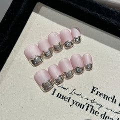 YICKYUE - 10pcs French Ballet Nails Pink Mirror Handmade False Nails Full Cover Fake Nails Tips Wearable Press on Nail Tips Wearable