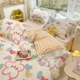 Lovely Princess Flower Print Ruffles Bedding Set 100% Cotton Cute Girls Duvet Cover Set with Bed Sheet Kawaii Bedding Sets Soft