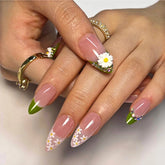 YICKYUE - French Fresh Green White Daisy Rhinestone Almond Shape Fake Art Nails Fashion Detachable Finished False Nail Press on Nail Glue