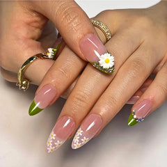 YICKYUE - French Fresh Green White Daisy Rhinestone Almond Shape Fake Art Nails Fashion Detachable Finished False Nail Press on Nail Glue