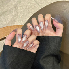 YICKYUE - 10pcs Handmade Press on Nails Purple Cat Eye Fake Nails for Girls Women Wearable Detchable Sweet Flower Almond False Nails