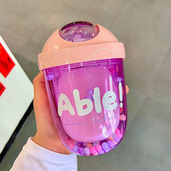 Gliding Lid Cup Colorful Story Simple Plastic Straw Cup Household Double-layer Water Cup High-value Girl Heart Water Cup