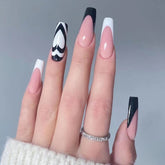 Yickyue 24Pcs/Box Long Coffin Wearable Ballerina Fake Nails Black And White Love Full Cover Nail Tips Set Press On Nails With Designs