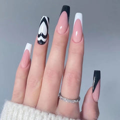 Yickyue 24Pcs/Box Long Coffin Wearable Ballerina Fake Nails Black And White Love Full Cover Nail Tips Set Press On Nails With Designs