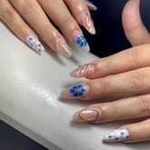 YICKYUE - Flower Press on Nails Medium Almond Fake Nails Colorful Flower Blue Borders Designs Acrylic Artificial French Tip Press on Nails